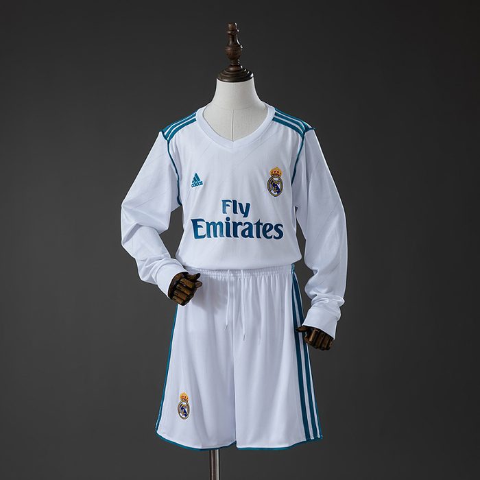 Real Madrid 17/18 Home Retro Long Sleeve Kids Kit Jersey Size 16-28